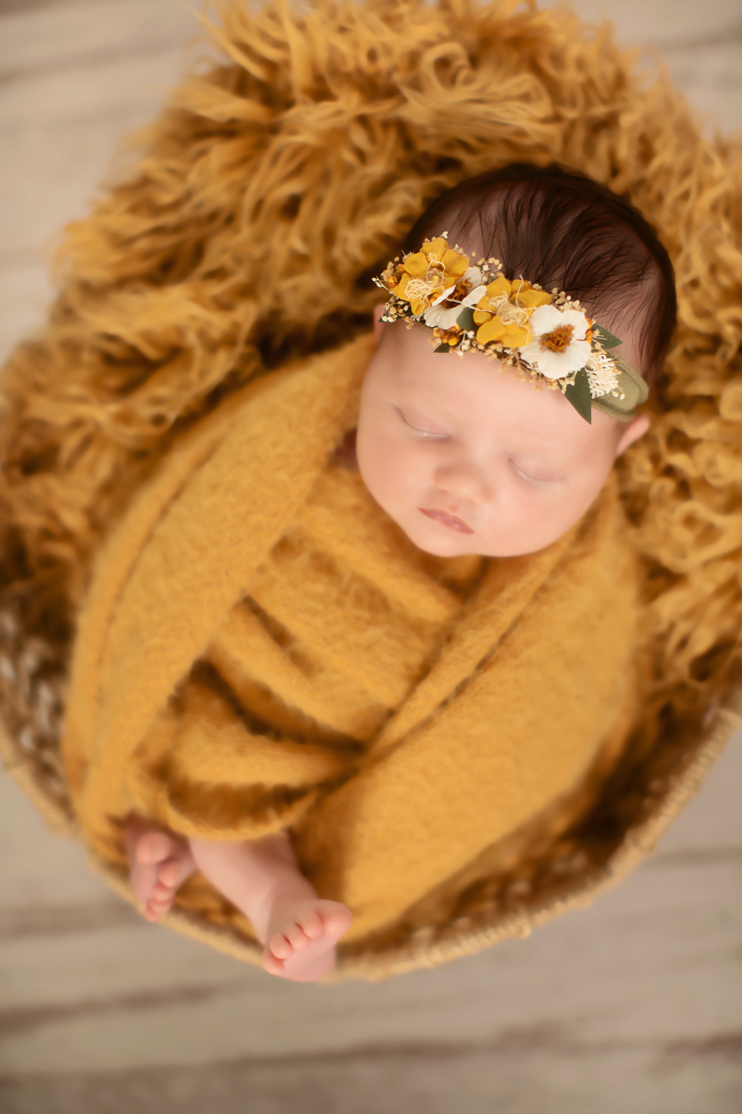 Newborn in a mustard fur basket with floral crown